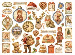 Sortierte Stamperia Die Cuts 'Silent Night': Kuckucksuhr, Briefkasten, Teddy, Häuser und Wintermotive.