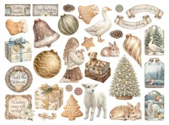 Sortierte Stamperia Die Cuts 'White Christmas': Mädchen mit Kaninchen, Gans, Teddy im Koffer und Geschenke.