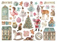 Sortierte Stamperia Die Cuts 'Winter Magic': Kranz, Weihnachtsbaum mit Rosen und Eisläuferinnen.