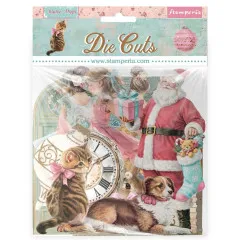 Verpackung der Stamperia Die Cuts Winter Magic mit ausgestanzten Figuren wie Mädchen, Katze, Uhr, Weihnachtsmann und Hund.