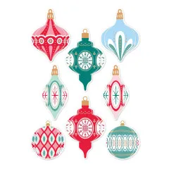 Nahaufnahme des Stickerbogens mit den acht Christbaumkugel-Motiven