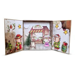 Aufklappbare Diorama-Box 'JOY – baked with love' mit Weihnachtsmarktstand, Mädchenfigur und Schweinen
