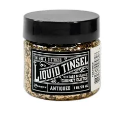 Tim Holtz Distress Liquid Tinsel Chunky Antiqued, 29 ml Dose mit schwarzem Deckel, gefüllt mit warmsilberfarbigem Glitter