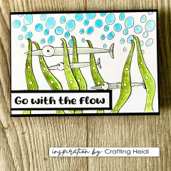 Handgefertigte Karte mit Fischen, Algen und Blasen im Doodle-Stil