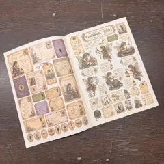 Aufgeschlagene Doppelseite mit Fairy-Post-Etiketten links und einem Bogen "Clockwork Fairies"-Motiven mit Zahnrad-Feen rechts.