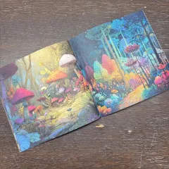 Aufgeschlagene Doppelseite: links ein golden erleuchteter Pilzwald, rechts ein sternenblauer Nachtwald mit bunten Baumkronen.