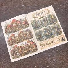 Aufgeschlagene Doppelseite: links Pilzhäuser-Illustrationen, rechts ein Bogen "Water Skippers" mit Feen auf Blattbooten am Teich.