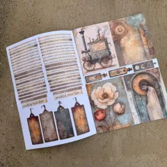 Aufgeschlagene Doppelseite: links Zitat-Textstreifen und Anhänger-Etiketten, rechts eine Steampunk-Dampfmaschine mit Uhren- und Blumenmotiven.