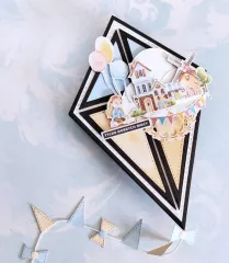 Drachen-Stanzteil als Kartenmotiv mit Mädchen, Ballons, Häusern und Windmühle sowie Banderole "Tylko dobrych mocy"