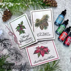 Drei Karten mit Stechpalme, Tannenzapfen und Weihnachtsstern, daneben Distress-Farben