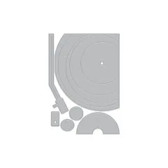 Uncolorierte Stanzformen des Sets: konzentrisch geritzte Schallplatte, Tonarm, Plattenteller-Element und kleine runde Bedienknöpfe.