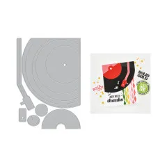 Stanzformen neben einer Dankeskarte mit schwarz-roter Schallplatte, Tonarm und Sprüchen 'ROCK OUT' sowie 'SOLID GOLD'.