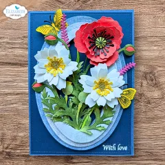 Dunkelblaue Karte mit rotem Mohn, weißen Margeriten und gelbem Schmetterling im Oval-Rahmen, Spruch „With love“.