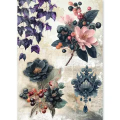 Reispapier-Bogen mit lila Blättern, dunklen Blüten und Beeren im Design The Witch's Grimoire