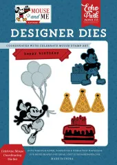 Echo Park Designer Dies Set Mouse and Me Birthday mit Mickey Mouse, Ballons, Partyhüte und Torte