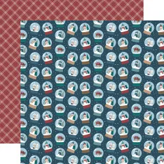 Dunkelblaues Bastelpapier mit Schneekugeln und Schneemännern sowie roter Karomuster-Rückseite