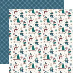 Winterliches Scrapbook-Papier mit Schneemann-Motiven auf Weiß und blau karierter Rückseite