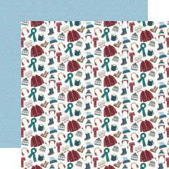 Scrapbooking-Papier gemustert mit Winterkleidung, Mützen, Schals und hellblauer Rückseite