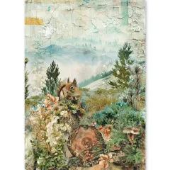 Reispapier-Bogen mit Eichhörnchen, Baumstammscheibe und Berglandschaft im Design The Nature Journal