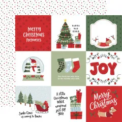 Designpapier mit gepunktete Hintergrund und einzelnen Weihnachtsmotiven wie Schneeglobe, Weihnachtssocken, Geschenke und Hunde-Designs