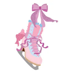 Nahaufnahme eines einzelnen vintage-inspirierten Schlittschuhs in Rosa und Blau