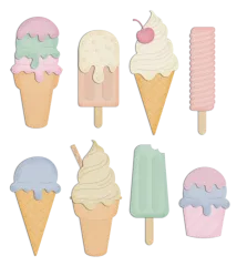 Acht fertig zusammengesetzte Eiscreme- und Lolly-Motive in Pastellfarben, gestanzt aus Karton.