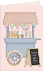Fertige Karte mit komplett gestaltetem Eiswagen inklusive Wimpelkette, Softeis, Milchshake und Kreidetafel-Menü.