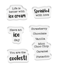 Die 6 Sprüchestempel des Eiswagen-Sets, u.a. "Sprinkled with love" und "You are the coolest!", freigestellt.