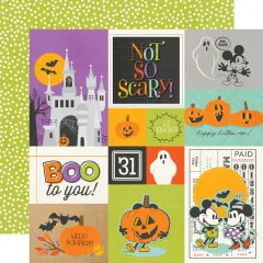 Stanzbogen mit 3x4-Journalingkarten, u.a. „Not So Scary!", „Boo to you!" und Mickey/Minnie-Motiven, Rückseite mit weißem Punktmuster auf Grün