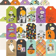 Stanzbogen mit 19 Geschenkanhängern in Halloween-Designs, u.a. mit Mickey, Minnie, Schloss, Kürbissen und Sprüchen wie „Hocus Pocus"