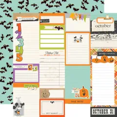 Stanzbogen mit Journalkarten, Etiketten und Karteikarten im Halloween-Design, Rückseite mit Fledermausmuster auf Mint
