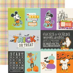 Stanzbogen mit weiteren 3x4-Karten wie „Trick or Treat" und „Ghosts & Goblins", Rückseite mit buntem Karomuster