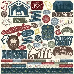 Stickerbogen mit vielen Elementen: Krippe, Engel, Schneeflocken, Sterne, Weihnachtstexte wie Noel, Peace, Rejoice, Holy Night, Joy, Wise Men, Nativity Scene