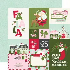 Element-Sheet mit 3x4 Journaling-Karten: "FALALA"-Titelkarte, Weihnachtsmann mit Reh, Dorf-Ladenraster und Strumpf-Motiv
