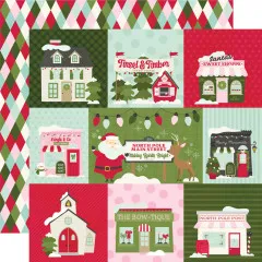 Element-Sheet mit illustrierten Ladenfassaden des Weihnachtsdorfs: Tinsel & Timber, Santa's Sweet Shoppe, Kringle & Co., Merry Mercantile, Bow-Tique und North Pole Post