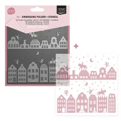Verpackung des 3D-Embossing-Folders mit Schablone „Über die Dächer": Sinterklaas hoch zu Ross und tanzende Zwarte-Piet-Figuren über einer nächtlichen Dächerreihe mit Mond und Sternen.