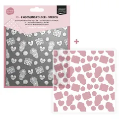 Verpackung des 3D-Embossing-Folders mit Schablone „Streugut": geprägtes Muster aus Sinterklaas-Gesichtern, Geschenkpäckchen und Herzen mit „KUS", „LIEF" und „SINT".