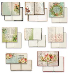 Acht doppelseitige Buchseiten-Motive mit weihnachtlichen Illustrationen wie Weihnachtsmann, Tannenkranz und winterlichen Blumen