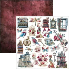Bogen mit ausschneidbaren Ephemera-Elementen wie Schreibmaschine, Vogelkäfig, Taschenuhr, Villa und Geige in Burgund und Petrol