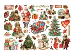 Ausschnitt der Stamperia Ephemera 'Classic Christmas' mit Santa, Mädchen, Baum und Schlitten.