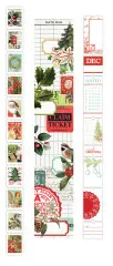 Drei Papierrollen mit weihnachtlichen Briefmarkenmotiven, Bibliotheks-/Claim-Ticket-Design und Datumsetiketten