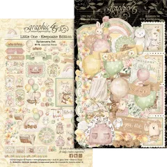 Ephemera Set Graphic 45 Little One: 70 sortierte Teile wie Banner, Labels, Motive von Ballons, Hasen, Kleidung, Körbe auf beiger und schwarzer Ansicht