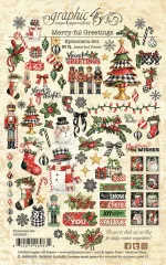 Übersicht aller 69 Die-Cut Motive des Merry-ful Greetings Sets mit Schneemännern, Strümpfen, Nussknackern und Weihnachtsbäumen auf Creme