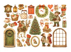 Ausschnitt der Stamperia Ephemera 'Silent Night' mit Santa, Elfenkindern und Dorfhäusern.