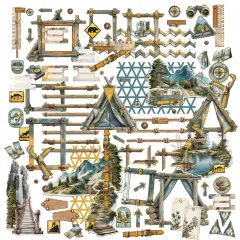 Nahaufnahme der Ephemera-Teile mit Holzrahmen, Kompass, Wasserfall-Motiv und Anhängern wie „Happy Camper".