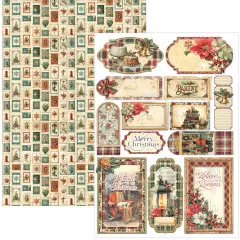 Doppelseitiger Ephemera-Bogen mit Briefmarkenmuster und Etiketten wie Bakery-Label, Bücherstapel und Journaling-Karten