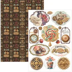Doppelseitiger Ephemera-Bogen mit Bücherregal-Muster und Anhängern wie Journal, Praline, Pralinenschachtel und Chocolate