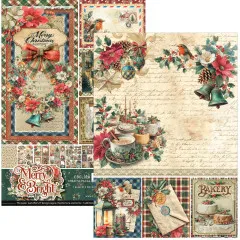 Doppelseitiger Ephemera-Bogen mit Merry-Christmas-Bogenschild und festlich gedecktem Kaffeetisch mit Kakao