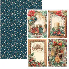 Doppelseitiger Ephemera-Bogen mit gepunktetem Kugelmuster und vier Vignetten: Laternenumzug, Kerze, Merry-Christmas-Schrift und Wohnzimmer