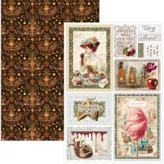 Doppelseitiger Ephemera-Bogen mit Ornament-Damast in Braun und Motivkarten mit Dame, Chocolatier-Werkstatt und Zitaten
